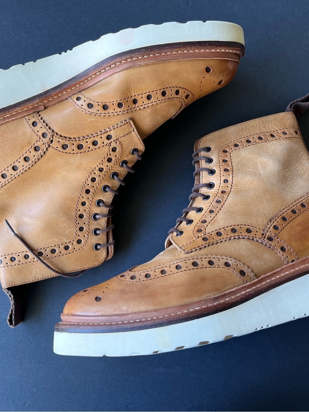 Nice Grenson England Tan Leather Brogue Derby Biker Boots 8 US XL Lite Midsole